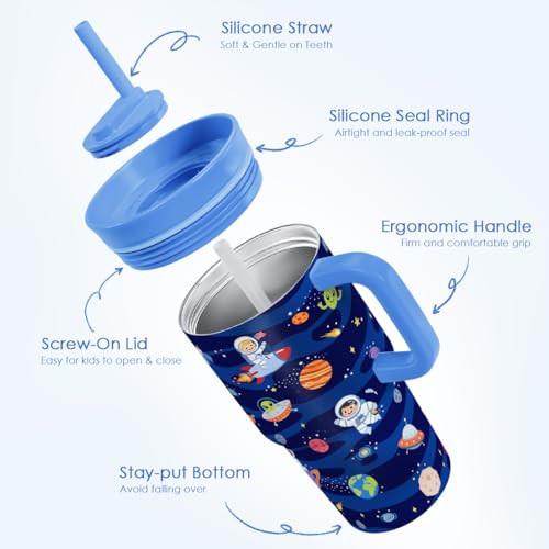 SANDJEST Outer Space Stainless Steel Tumbler 20oz with Handle and Silicone Straw Locking Lid for Kids Boys Girls, Birthday Christmas Back to School - color: Outer Space