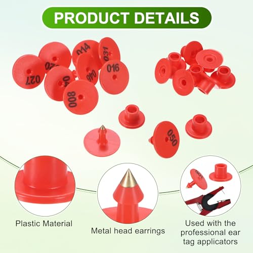 M METERXITY 100-Pack Cattle Ear Tags 001-100 Number, Plastic Round Livestock Tags with 2 Ear Label Needles for Cows/Sheep/Cattle/Pig, Farm Animal Identification Markers [Red] - color: Red