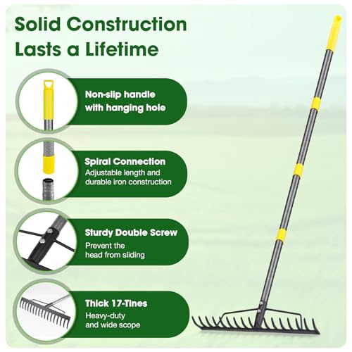 Heavy Duty Metal Bow Rake for Lawn , 17 Steel Tines Garden Rake | 17 Inch Wide, 35"-67" Adjustable Long Handle, Ideal Garden Tool for Soil Leveling, Leaf Gathering & Lawn Care