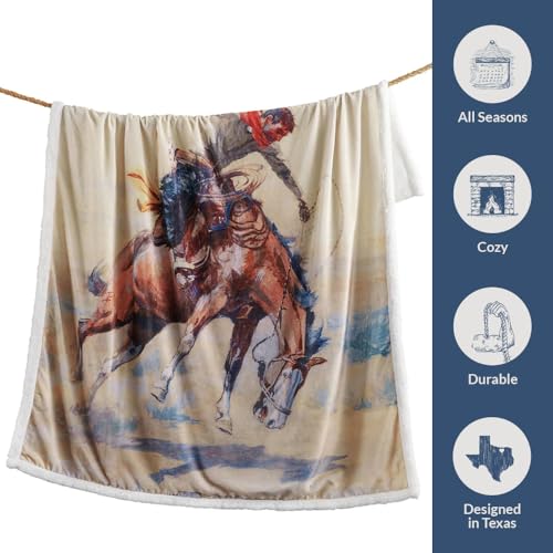 Paseo Road Indigo Hill by HiEnd Accents Buster 54x68 Cream Throw Blanket | Cowboy Horse Print, Rustic Southwestern Rodeo-Style Western Sherpa Fleece Blanket for Camping Outdoors - color: Buster
