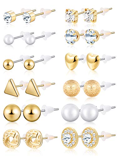 BBTO 24 Pairs Stud Earrings, Crystal Pearl Ear Stud for Women | Earrings, Alloy and Gold, Sliver Gold Black, for Men Women Loved Ones and Friends - color: Gold