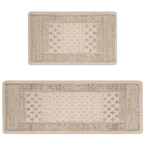 Kitchen Anti-Fatigue Mat, 2PCs, 17.3"x47"+17.3"x29", 0.4" Thick | PVC Non-Slip Cushioned Comfort Washable Floor Rug, Ergonomic Standing Rugs, Easy Clean for Home, Sink, Laundry - color: Beige-1
