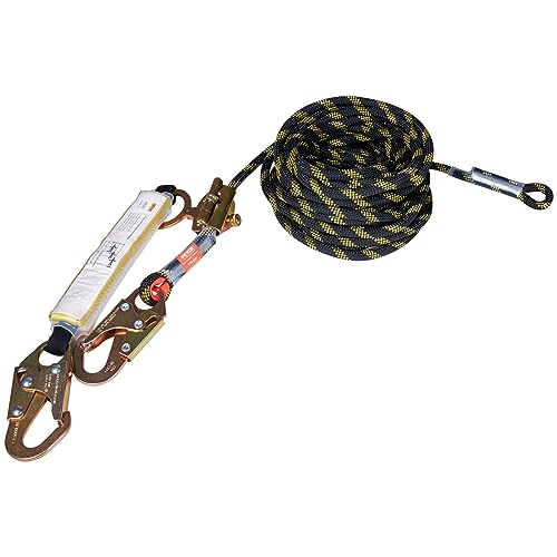 VEVOR Vertical Lifeline Assembly, 0.55'' x 25' Fall Protection Rope with 30 KN Breaking Tension, Polyester Roofing Rope with Steel Snap Hooks, Rope Grab, and Shock Absorber, ANSI Compliant - size: 25FT