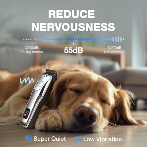 Dog Clippers for Grooming Stainless Steel Blade for Thick Coats | Professional Low Noise Cordless Dog Grooming Clippers Supplies Kit Rechargeable Pet Heavy Hair Trimmer for Dogs Cats Pet