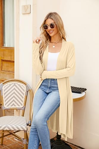 Newchoice Womens Long Cardigan Lightweight Long Sleeve Cardigan Duster | Casual Flowy Draped Classic High Low Hem Open Front Cardigan Sweater with Pockets Summer Fall Fashion Outfits - color: Beige, size: X-Large