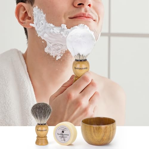 Shaving Brush Kit For Men, 3 In 1 Shaving Brushes Set Includes Badger Hair Shaving Brush, Wood Bowl and Goat Milk Shaving Soap - color: 3 IN 1