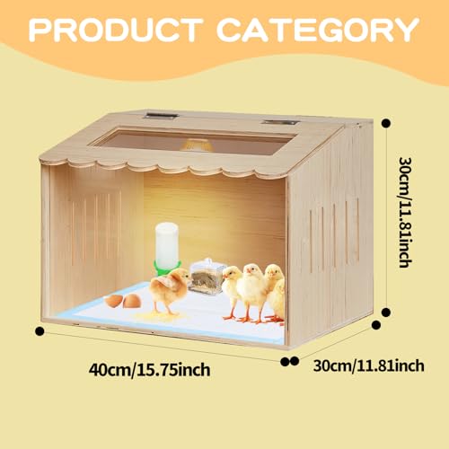 Wooden Chicken Brooder Box Kit with Heating Lamp, Thermometer, Food & Water Feeders, 15.7x11.8x11.8 Inch, Complete Small Pet Nursery Set with Ventilation, Digital Temperature Control