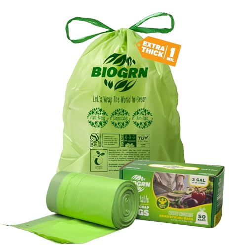 2.6-3 Gallon Compostable Trash Bags Drawstring 50 Bags Extra Thick 1 Mil 11.36 Liter Small Biodegradable Trash Bags for Kitchen Countertop Bin ASTM D6400, US BPI and OK Compost Home Certified - color: 3 Gallon Drawstring, 50 Count