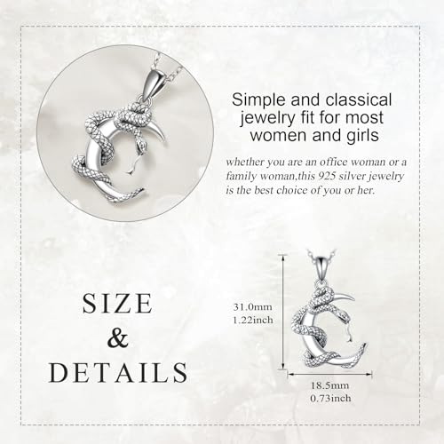 Snake Moon Necklace - 925 Sterling Silver Moon Pendant Necklace - Snake Jewelry for Women - style: snake moon