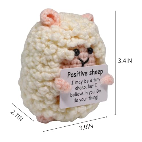 Handmade Crochet Sheep Figurine Desk Decor Encouragement Gift Her | Sheep Holds Positive Message Card In Hands. Soft Acrylic Yarn. Birthday Going Away Surprise
