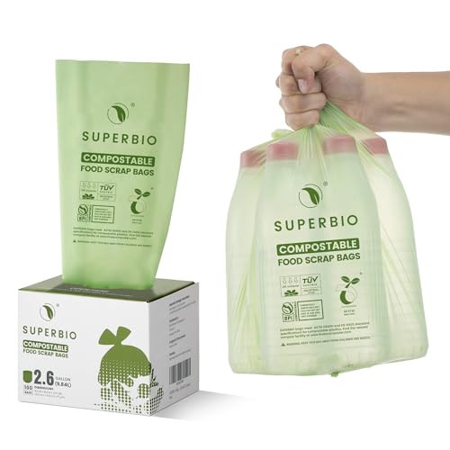 SUPERBIO 2.6 Gallon Compostable Food Waste Bags, 100 Count, 1 Pack | Flat Top Food Scrap Bags, 9.84L, ASTM D6400, Certified by BPI and OK compost HOME - color: 2.6 Gallon Flat Top, 100 Count