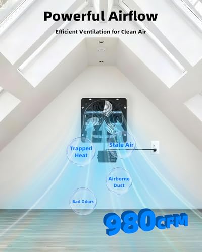 12'' Upgraded Shutter Exhaust Fan with Thermostat & Remote Control | Automatic On/Off by Temperature, 980 CFM Wall Mounted Garage Fan for Attic, Greenhouses, Sheds, Chicken Coops & Shops - size: 12''