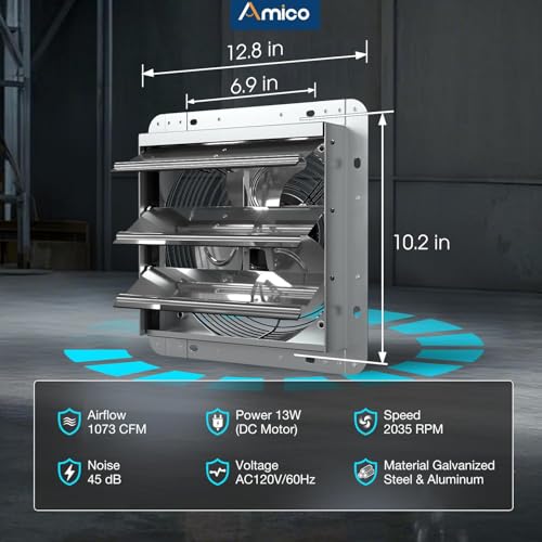 Amico 10" Shutter Exhaust Fan, Thermostat,1200 Sq.Ft,13W DC Motor, 1073 CFM | Energy-Efficient 8-Speed Ventilation Fan, Garage, Attic, Greenhouse, Kitchen, Wall Mount, Plug&Play, 3-Year Protection - size: 10 Inch