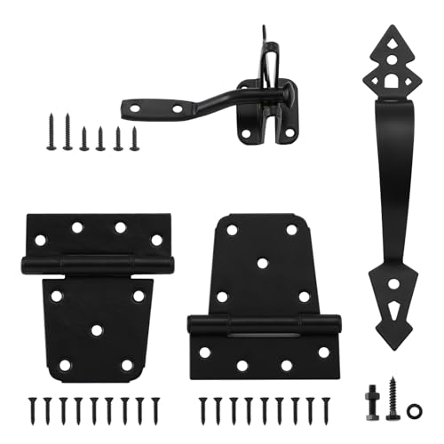 Fence Gate Hardware Kit, 3-1/2" Heavy Duty Gate Hinges, Latch and Handle | 2 Pack T Hinges, Self Locking Gate Latch, Decorative Cate Handle, Included Screws, Black, HOME MASTER HARDWARE