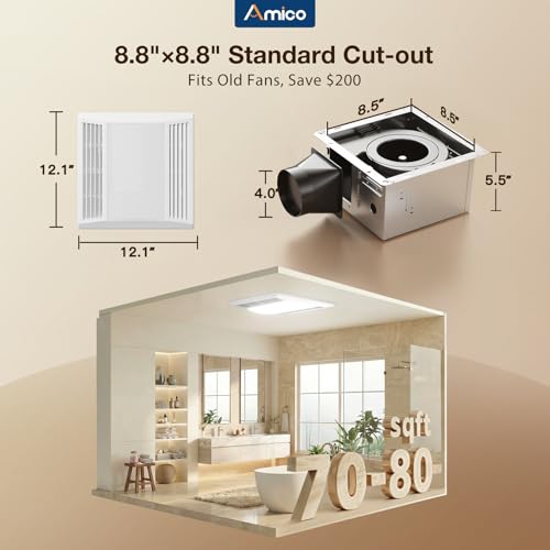 Amico Bathroom Exhaust Fan with LED Light, 80 CFM, 0.9 Sones, 5CCT, 90 CRI | 1000LM, Ceiling Mount Shower Ventilation Fan, No Attic Access Needed, 4 Inch Duct, 8.8'' x 8.8'' Ceiling Opening, ETL & FCC - size: 80 CFM