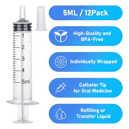 12Pack 5ml Syringes Without Needle for Liquid, Plastic Syringes with Cap for Feeding Pets, Measuring, Refilling, Oil, Individually Sealed - style: 5ML