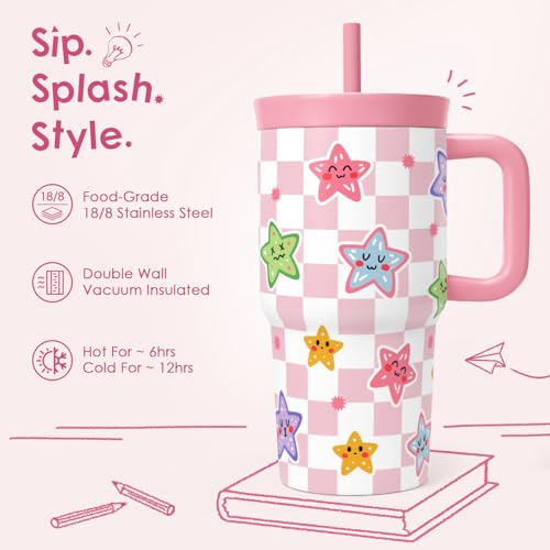 SANDJEST Checker and Star Stainless Steel Tumbler 20oz with Handle and Silicone Straw Locking Lid for Kids Girls, Birthday Christmas Back to School - color: Checker 1