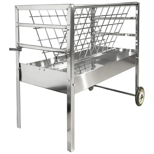 Rolling Hay Feeder with Grain Trough for Goats and Sheep 2 in 1 Freestanding Livestock Cart on Wheels Heavy Duty Galvanized Steel Construction Easy Move Across Pasture or Barn Floor