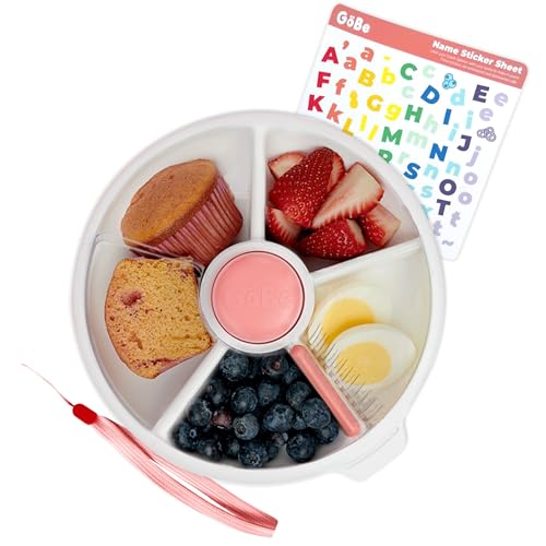 GoBe Kids Large Snack Spinner Slide Bundle with Hand Strap and Sticker Sheet - Reusable Snack Container with 4 Compartment Dispenser and Lid | BPA/PVC Free | Dishwasher Safe | No Spill - Coral Pink - color: Coral Pink, size: Large - Slide