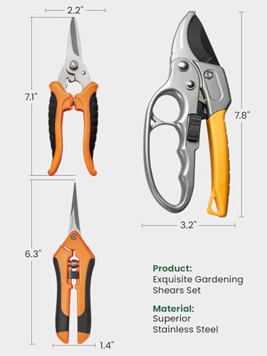 GROWNEER 3 Pack Garden Scissors kit Professional Garden Pruning Shears Stainless Steel Garden Shears Gardening Clippers Flower Plant Scissors Tools Arthritis Weak Hand Pruner Work 3 Times Easier - style: Yellow
