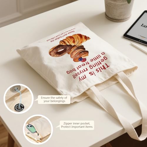 Aesthetic Canvas Tote Bag for Women - with Magnetic Snap Closure & Zipper Inner Pocket Reusable Totes Bag - color: Treatfood1