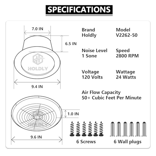 V2262-50 7 Inch Bathroom Exhaust Fan, 50 CFM, 1.0 Sones, 7" Ceiling Exhaust Fan, for 8 Inch Diameter Rough-in Opening, Ideal Ventilation for Bathroom, Laundry Room, Mobile Home, Kitchen & Garage