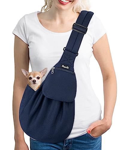 SlowTon Dog Carrier Sling - Thick Padded Shoulder Strap Adjustable, DBL, S | Dog Carriers for Small Dogs, Puppy Carrier Purse for Pet Cat with Front Zipper Pocket Safety Belt Machine Washable - color: F-Navy Knitted Fabric