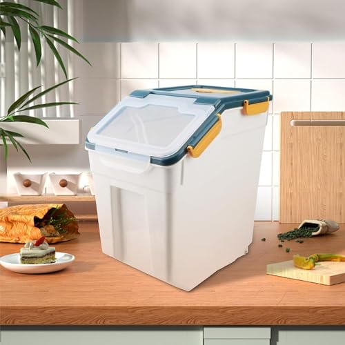 50LB Large Flour Storage Container Bin,2 Pack Airtight Plastic with Wheels Seal Locking Lid Dispenser Organizer Bin with Measuring Cup & Scoop for Flour, Rice, Grain 100LBS Total Capacity(Blue) - color: Blue/50lbs,2counts