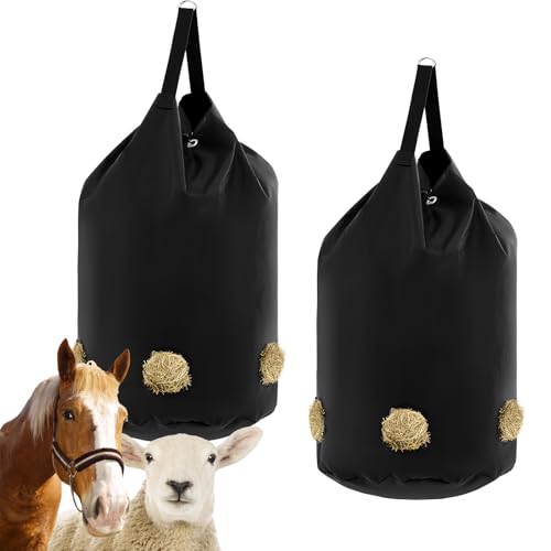 2 Pcs Hay Bags for Horses Slow Feed 1680D Oxford Net,5 Holes | Large Holder for Horses Goats Sheep, Net Feed Holes Reduce Waste, Hanging Strap Included, Stable Barn Farm Outdoor Use