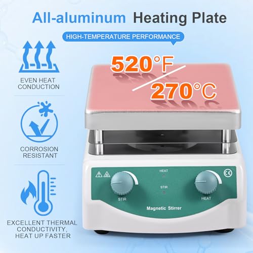 Magnetic Stirrer Hot Plate, Mixer with 5L Stirring Capacity, Up to 520°F, 0-2000 RPM Adjustable Speed, 6.7 x 6.7 inch Hot Plate, Includes Magnetic Stir Bar & Support Stand