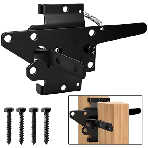 Tebery Self-Locking Gate Latch Heavy Duty, Automatic Post Mount Door Gate Lock for Fence, Weatherproof Steel Yard Gates Latch Hardware for Garden, Barn, Farm, Outdoor Fences, Black