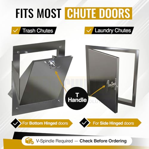 Trash Chute T Handles and Laundry Chute Door Latch kit with V Spindle for Bottom & Side hinged Doors. Compatible Handle Hardware Parts