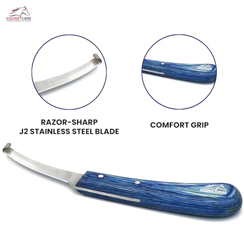 Right-Handed Narrow Farrier Hoof Knife, Horses, Ponies, Minis | Narrow hoof knife for detail trimming; J2 stainless steel blade; smooth blue layered handle; right- or left-handed - style: Right-Handed