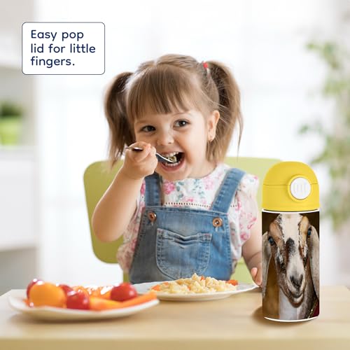 3dRose Sweet Goat Enthusiast 12oz Kids Yellow Bottle – Smiling goat illustration with white and dark markings – Outdoor Adventure, School Day - color: Yellow