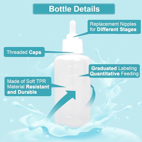 60ml Newborn Pet Feeding Bottle Kit | Puppy Kitten Nursing Bottles with 10 Silicone Nipples, Cleaning Brushes & Nipple Puncher | Anti-Choke Milk Feeder for Small Animals