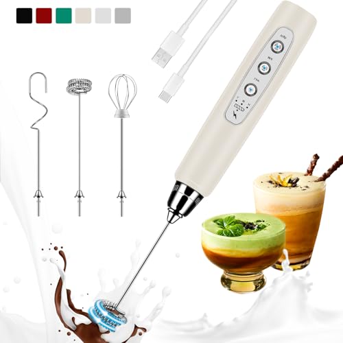 Colarlemo Milk Frother Handheld Rechargeable, Frother Wand Drink Mixer Electric Whisk for Coffee, Detachable With 3 Stainless Whisks, Hand Mixer for Lattes, Cappuccino, Matcha, Egg, No Stand, Beige - color: Light Beige, style: without stand