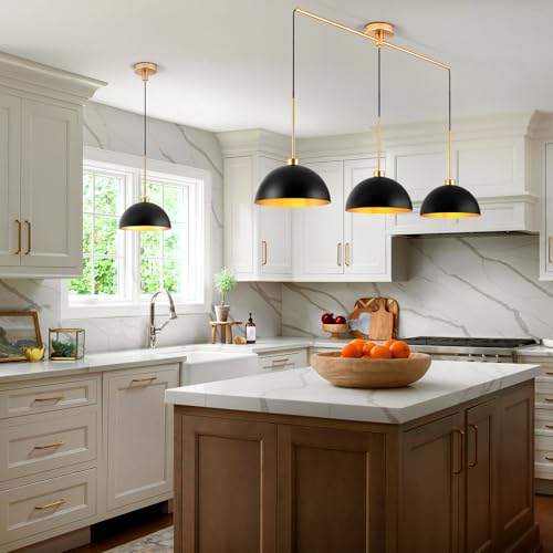 3-Light Black and Gold Dome Pendant Light Fixtures | Farmhouse & Industrial Style, E26 Base, Height Adjustable, Easy Installation, for Dining Room Bar Kitchen Island - color: Black-3 Lights
