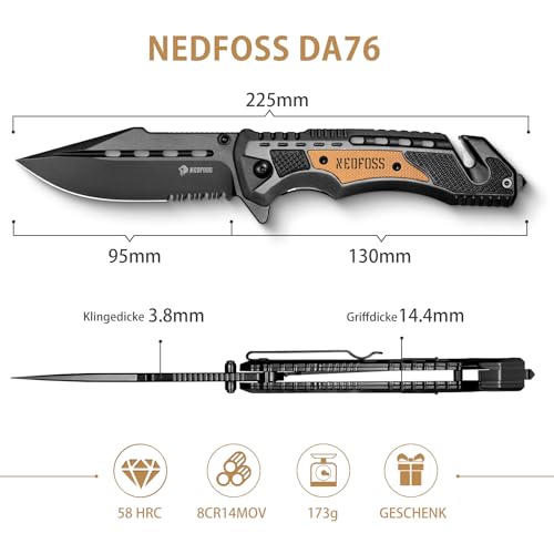 NedFoss Pocket Folding Knife DA75 Mini, 3 in 1 Pocket Knife Gifts for Men | 2.95 Inch Survival Knife w/ Liner-Lock, Seat Belt Cutter, Glass Breaker, Hunting knife for Camping, Christmas Gift for Women - color: Black-Mini2.95“