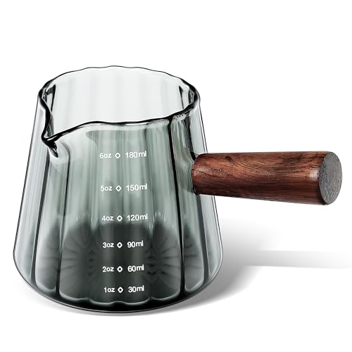 Joeyan 6 oz Grey Glass Measuring Cups with Spout,Borosilicate Glass Triple Pitcher with Scale,Origami Style Espresso Shot Glasses with Wood Handle for Coffee Milk,Dishwasher Safe - color: 6 Oz Grey Single Spout Clear Measuring Cup