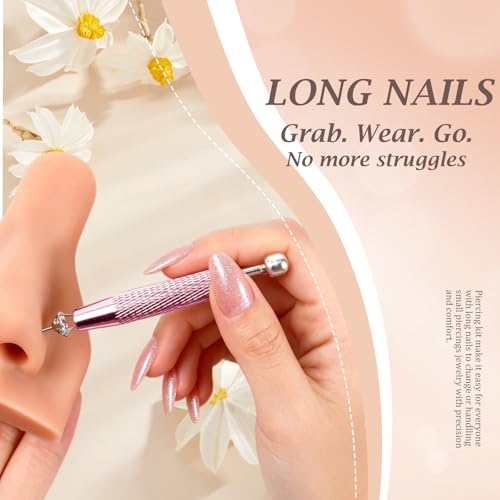 2Pcs Piercing Ball Grabber Tool for Changing Jewelry, Stianless Steel Flat Back Earring Applicator Internally Threaded Push Pin Piercing Grabber Tool - color: Pink-B