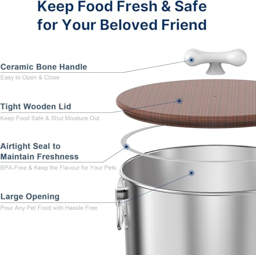 Paw Libero 2PK 25 Lbs total 50 Lbs Stainless Steel Dog Food Storage Container with Airtight Wooden Lid & Ceramic Bone Handle, Large Metal Dog Food Bin for Dogs & Cats - size: 25 lbs - 2pk