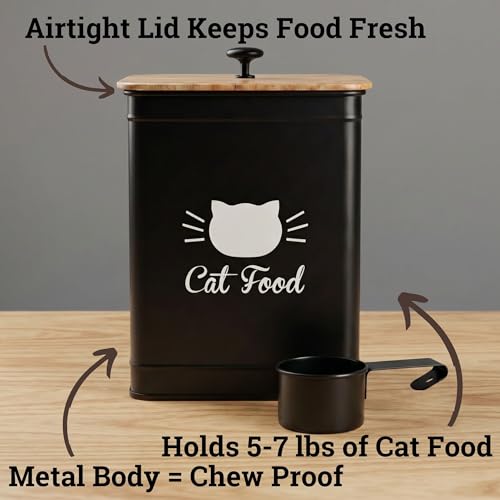 Cat Food Container with Scoop 5-7 lb (25 Cup), with Airtight Bamboo Lid | Cat Kibble Canister with Metal Scoop, 25 Cups, Chew Proof Iron Body, Powder Coated, Airtight Bamboo Lid, Sturdy Metal Handle - color: Black