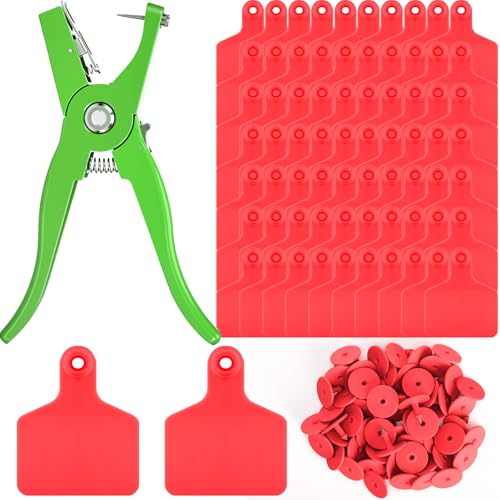 Lothee 100 Pcs Blank Cattle Ear Tags with Pliers Large Red Plastic Precision Animal Identification Blank Livestock Ear Tags for Cattle Cow Horse Dog Pig Goat Sheep Farm Management - color: Red