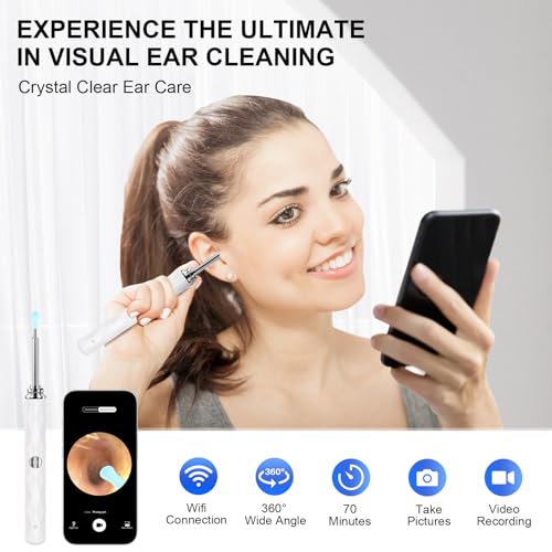 High-Definition Ear Wax Removal, Wireless Ear Cleaner, Safe and Gentle Ear Wax Removal Kit, Rechargeable Ear Cleaner with Camera and Light, Ear Cleaning Kit for Android and iOS (White) - color: White
