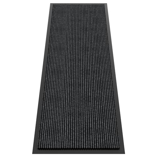 Front Door Mat Outside Entrance, Dirt Trapper Doormat 120" x 36" | Non Slip Indoor Outdoor Welcome Mat for Entryway, Absorbent Commercial Floor Mat for High Traffic Area, All Weather, Grey - color: Dark Grey Striped, size: 3' x 10' (Rectangular)