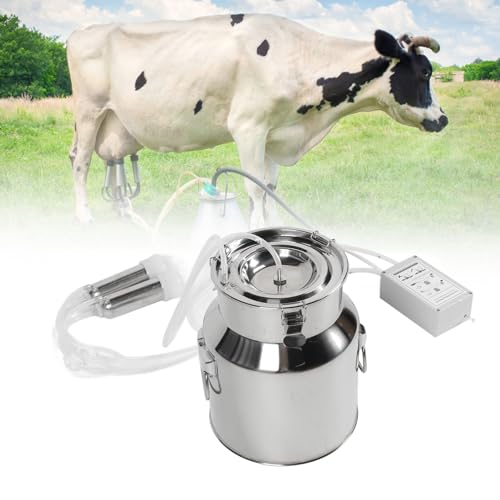 14L Electric Cow Milking Machine, Plug-in Pulsating Vacuum Pump Milker Cow Milker Machine with Stainless Steel Milk Bucket Silicone Tube 2 Teat Cups Milk Brush(US Plug)