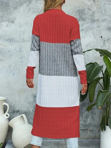 Womens Color Block Cardigan Sweater Long Duster Open Front Sweater in Chunky Cable Knit Plus Size Cardigan - color: 01-red, size: Small