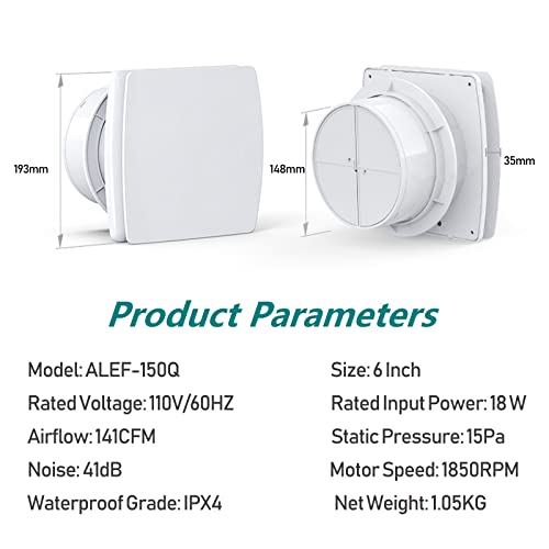 Bathroom Exhaust Fan 141 CFM 6 Inch Home Ventilation Ceiling Window and Wall Mount Vent Fan with Anti-backflow Check Valve for Kitchen Bathroom Garage(110v/18W/White) - size: 6''