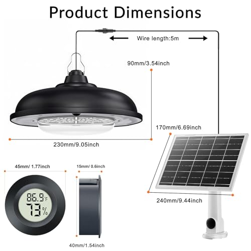 Solar Light & Thermometer Hygrometer Set | 3 Color Dimming Hanging Lamp with Remote Control & Dusk to Dawn | Waterproof for Shed Chicken Coop Gazebo Garage Greenhouse - size: Without pulleys