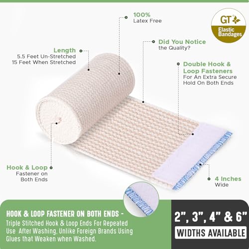 GT Premium Elastic Bandage Wrap (4" 3 Pack) - Hook & Loop Fasteners at Both Ends - Latex Free Hypoallergenic Compression Roll - Reusable Bandages for Waist, Legs, Elbow & Knee Wrap - size: 3 Pack